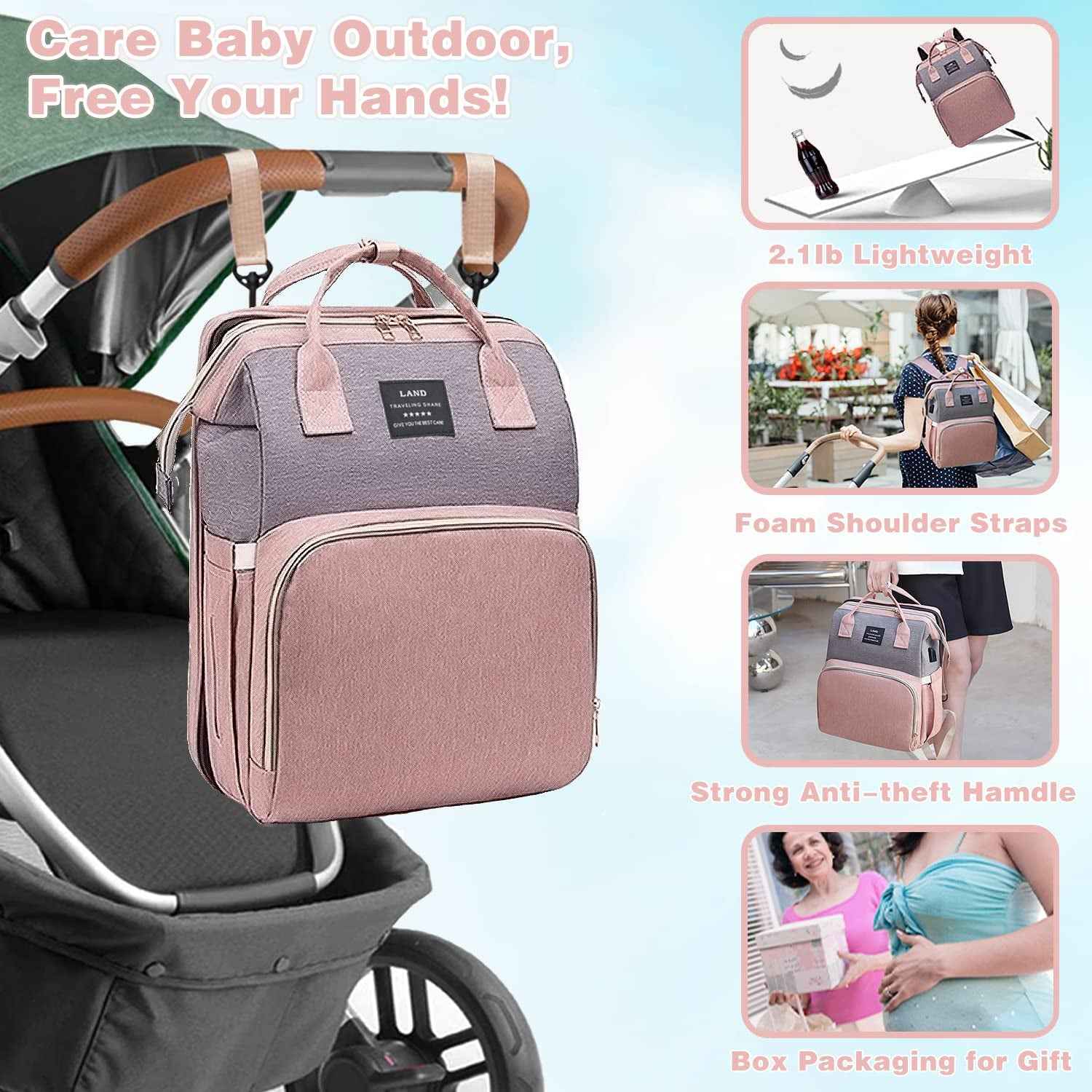 Diaper Bag Backpack with Changing Station,7 in 1 Travel Foldable Baby Diaper Bag,Mommy Bag Diaper Bag Changing Station Multi-Function Waterproof with Mattress and USB Charging Port (Pink-Grey)