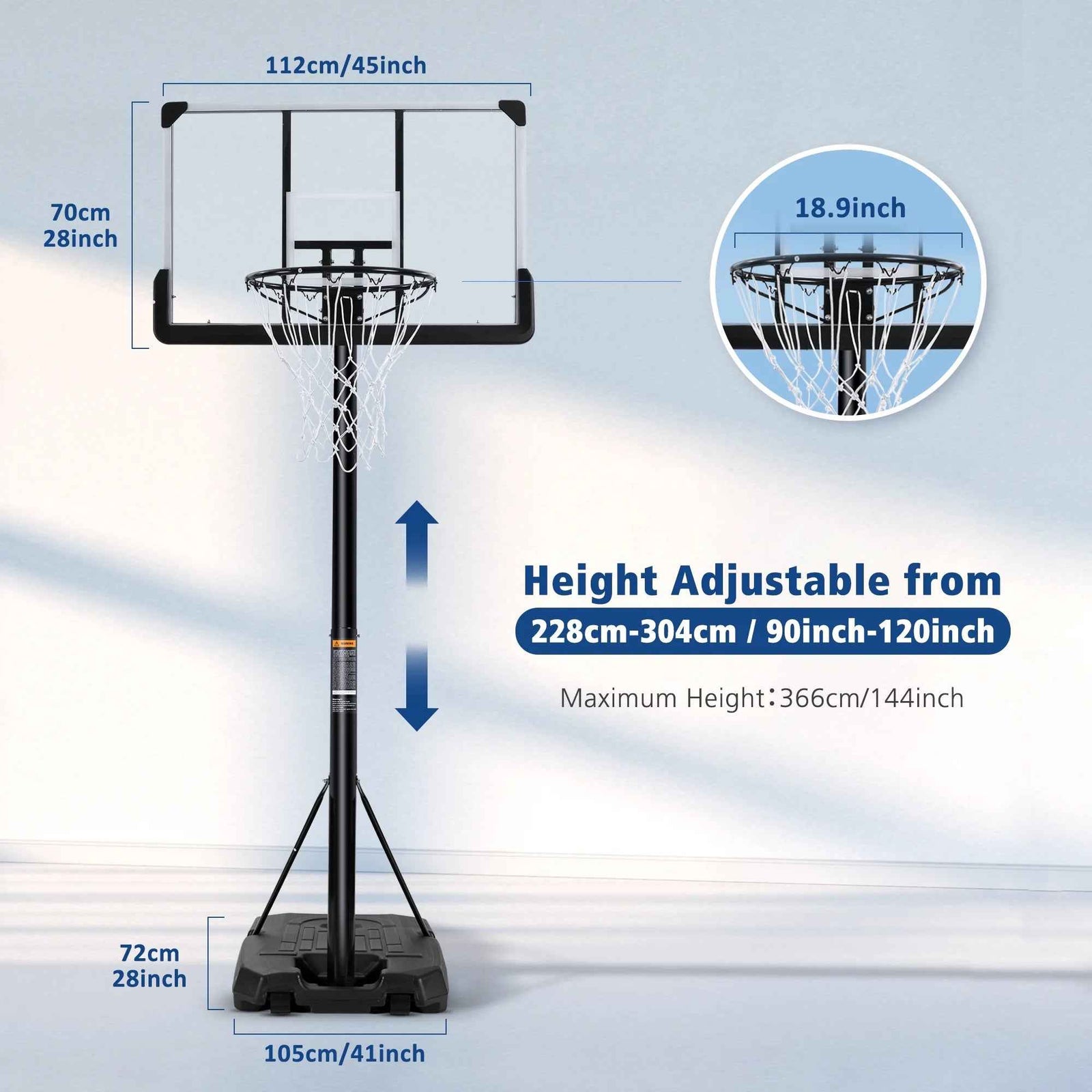 44In Basketball Hoop Portable Basketball System with Adjustable Height with Big Backboard and Large Base for Youth Adults Family Indoor Outdoor