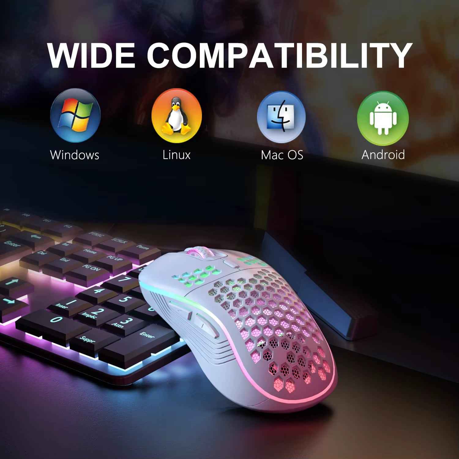 2.4G Wireless Mouse with RGB Backlit 6-Button 3-Speed DPI Type C Rechargeable Ergonomic Honeycomb Design Gaming Mouse
