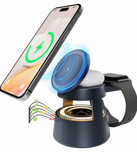 5 in 1 Wireless Charging Station, 15W Fast Charging Wireless Charger for Iphone Airpods Iwatch with Magsafe,Bluetooth Speakers,Mushroom Light Compatible with Iphone 8 and above Series