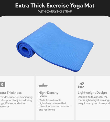 All-Purpose 1-Inch Extra Thick High Density Anti-Tear Exercise Yoga Mat with Carrying Strap, Blue