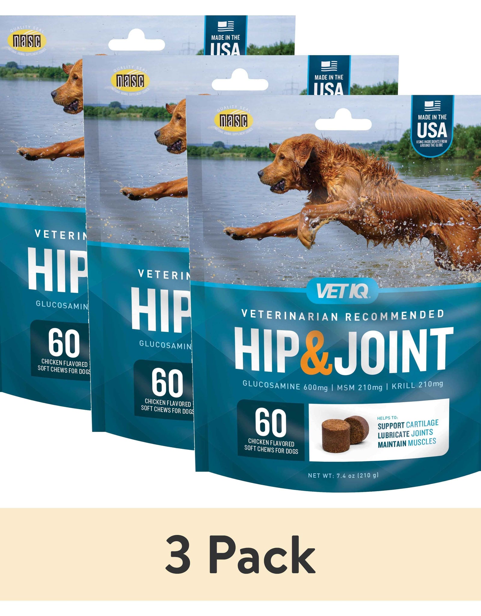 (3 Pack) Vetiq Hip & Joint Supplement for Dogs, Chicken Flavored Soft Chews, 7.4 Oz, 60 Count