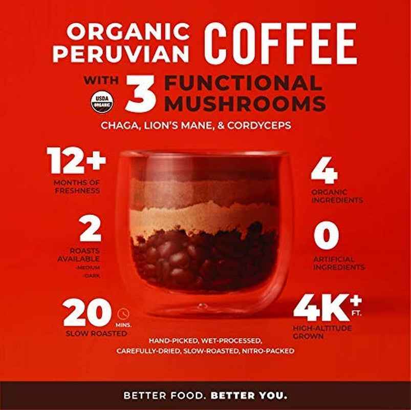 Peruvian Medium Roast Coffee with Functional Mushrooms, Certified Organic Peruvian Ground Coffee Beans, Gluten-Free, Dairy-Free, Non-Gmo, Paleo, Keto Friendly, 12 Oz. Bag