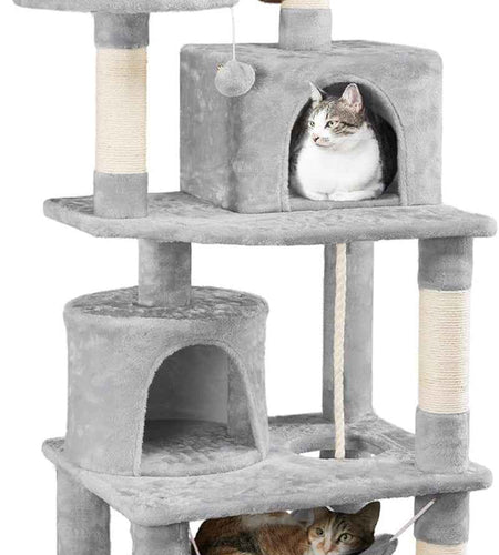62.5Inches Cat Tree Cat Tower Cat Condo with Platform & Hammock, Scratching Posts for Kittens Pet Play House with Plush Perch for Indoor Activity Relaxing, Light Gray