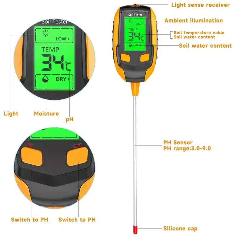 SmartGrow 4-in-1 Digital Soil Meter – Moisture, pH, Temperature & Sunlight Intensity for Perfect Plant Care