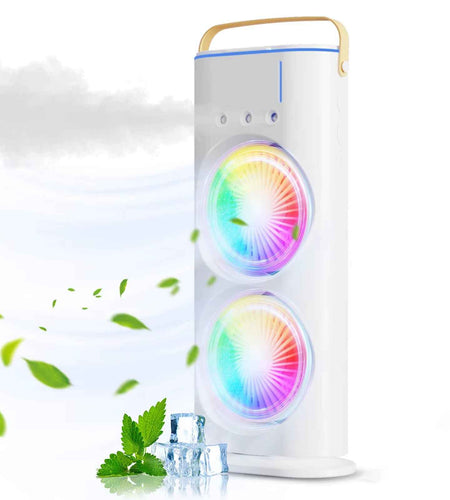BreezeGlow™ 2-in-1 Dual Mist Cooling Fan – Chill, Hydrate & Light Up Your Space