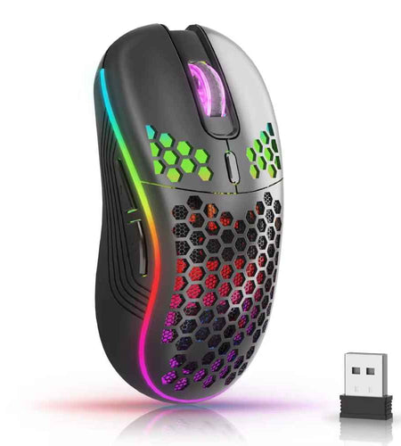 2.4G Wireless Mouse with RGB Backlit 6-Button 3-Speed DPI Type C Rechargeable Ergonomic Honeycomb Design Gaming Mouse