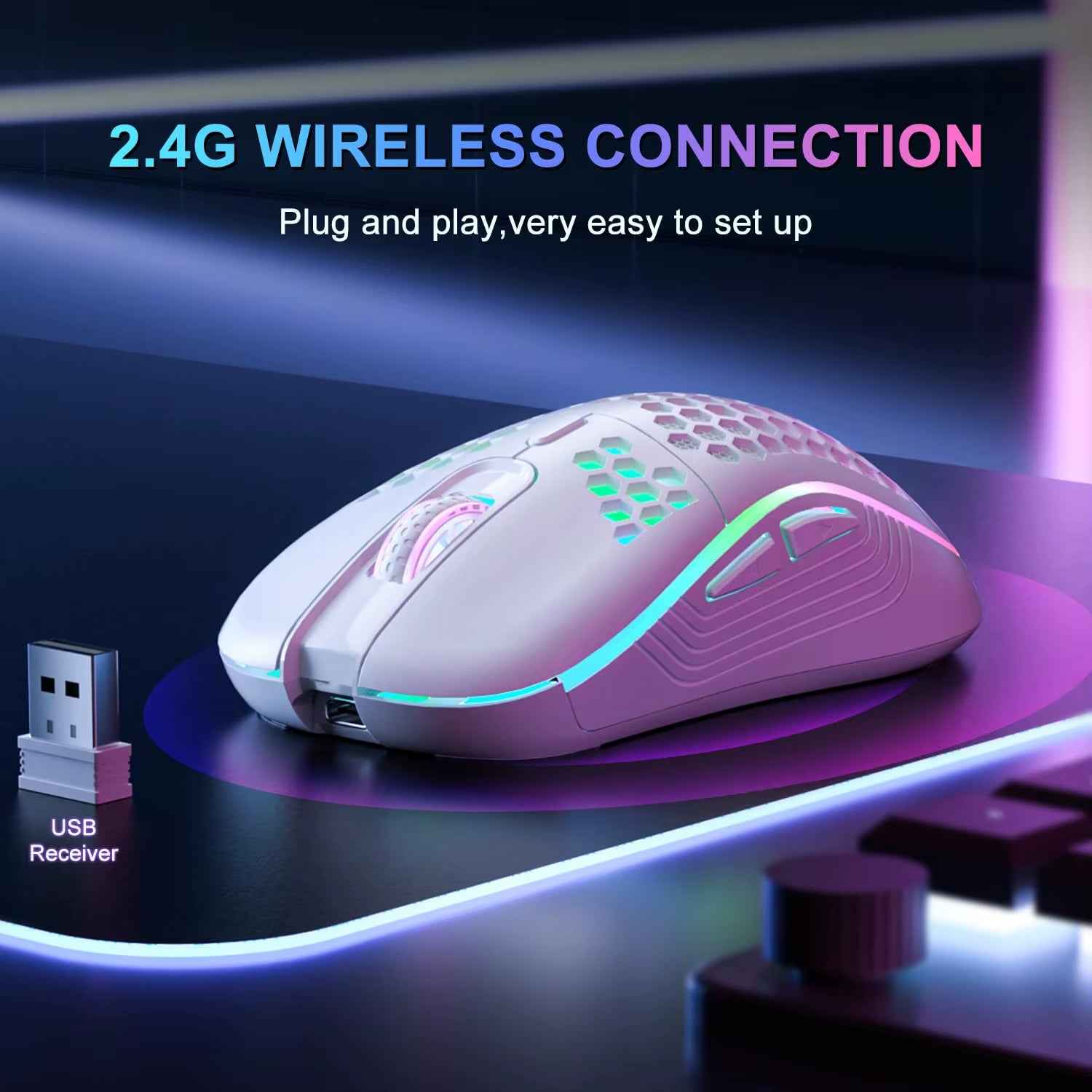 2.4G Wireless Mouse with RGB Backlit 6-Button 3-Speed DPI Type C Rechargeable Ergonomic Honeycomb Design Gaming Mouse