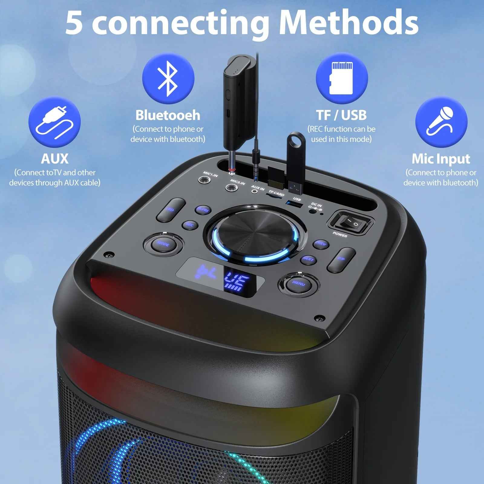 Large Party Speaker, Bluetooth Speaker with Dazzling Rgb Light, Two 6.5'' Subwoofer, T20