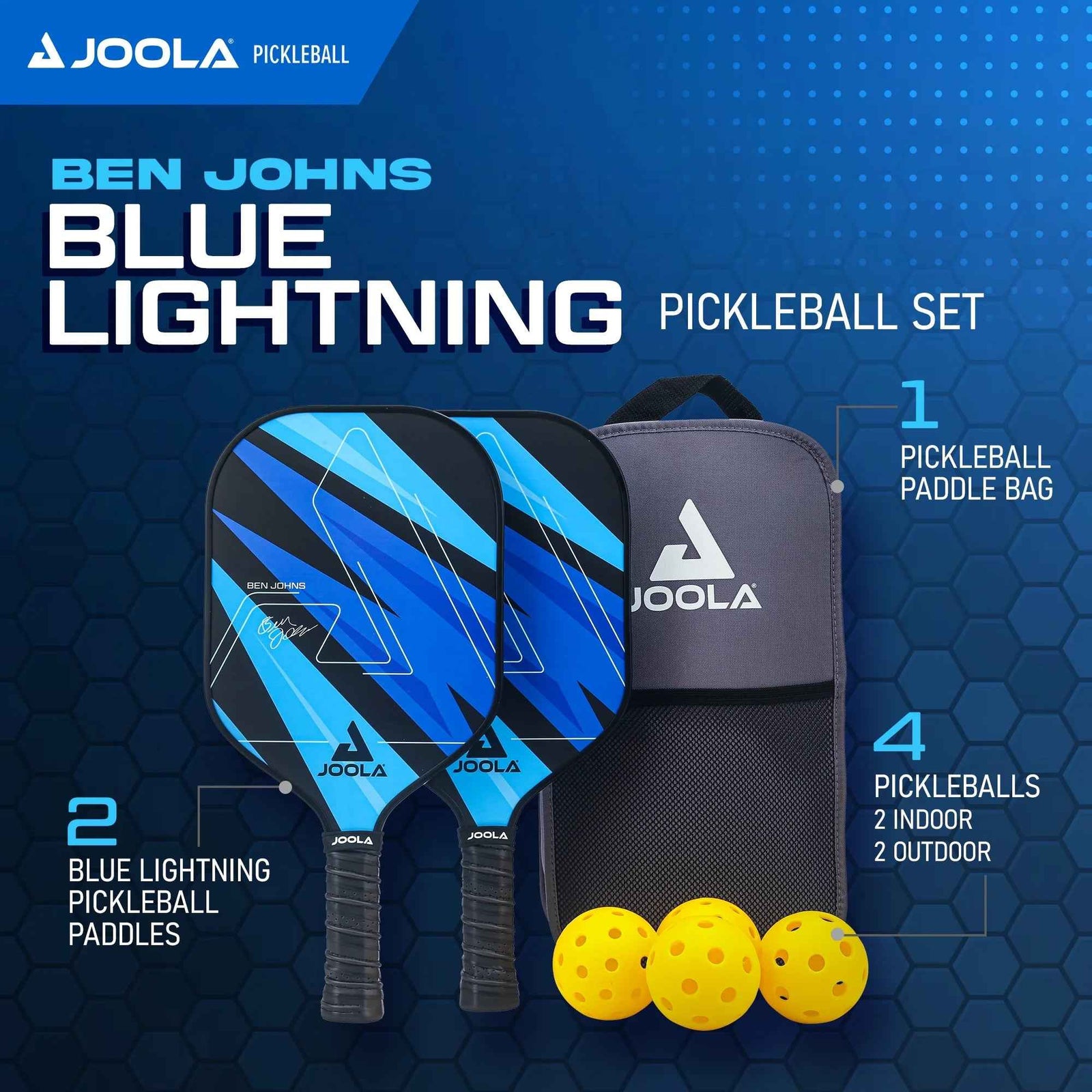 Ben Johns Blue Lightning Pickleball Set, 2 Fiberglass Paddles with Honeycomb Core, Paddle Bag, 4 Balls
