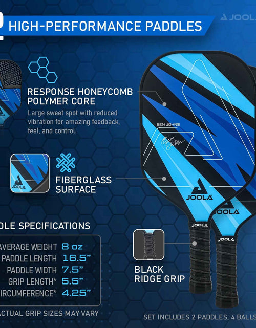 Load image into Gallery viewer, Ben Johns Blue Lightning Pickleball Set, 2 Fiberglass Paddles with Honeycomb Core, Paddle Bag, 4 Balls
