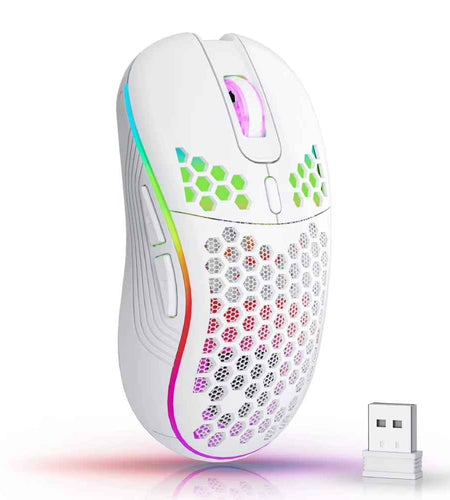 2.4G Wireless Mouse with RGB Backlit 6-Button 3-Speed DPI Type C Rechargeable Ergonomic Honeycomb Design Gaming Mouse