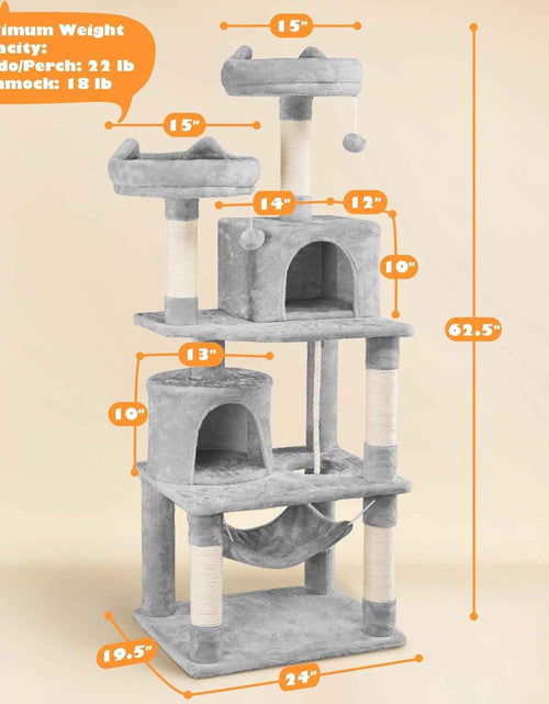 Load image into Gallery viewer, 62.5Inches Cat Tree Cat Tower Cat Condo with Platform &amp; Hammock, Scratching Posts for Kittens Pet Play House with Plush Perch for Indoor Activity Relaxing, Light Gray

