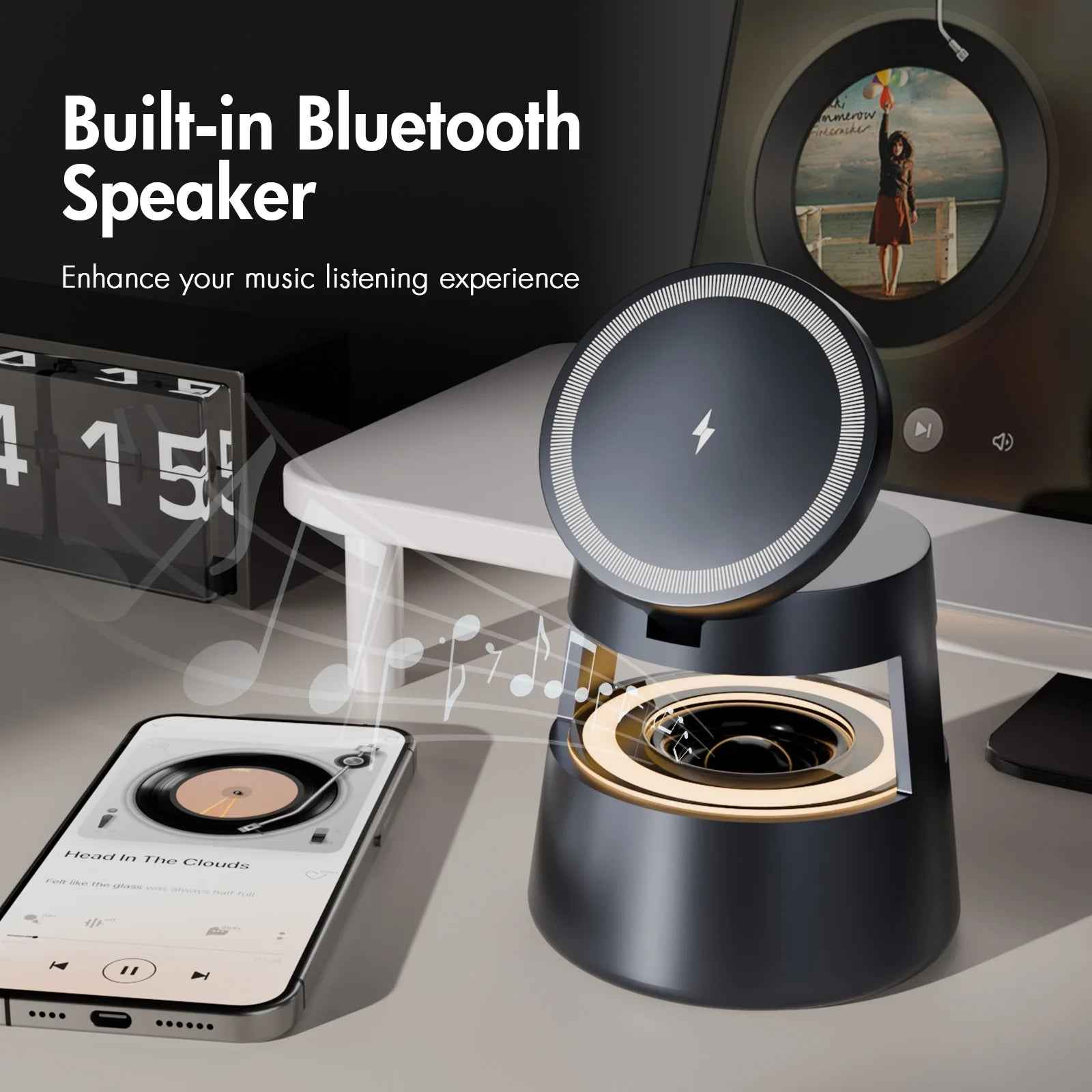 5 in 1 Wireless Charging Station, 15W Fast Charging Wireless Charger for Iphone Airpods Iwatch with Magsafe,Bluetooth Speakers,Mushroom Light Compatible with Iphone 8 and above Series