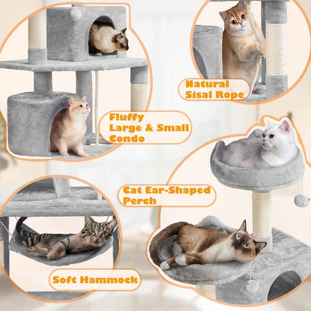 62.5Inches Cat Tree Cat Tower Cat Condo with Platform & Hammock, Scratching Posts for Kittens Pet Play House with Plush Perch for Indoor Activity Relaxing, Light Gray