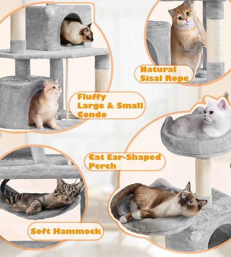 62.5Inches Cat Tree Cat Tower Cat Condo with Platform & Hammock, Scratching Posts for Kittens Pet Play House with Plush Perch for Indoor Activity Relaxing, Light Gray